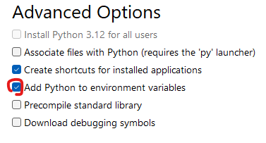「Add Python to environment variables」にチェックを入れた。