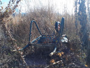 藪の中に一輪車がひっくり返った状態で置かれている。